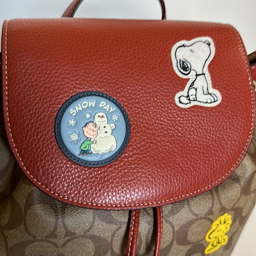 NWT COACH Snoopy PEANUT DEMPSEY Drawstring Backpack Signature Canvas wallet Set - Picture 6 of 14